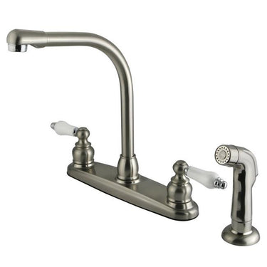 Kingston Brass Victorian High Arch with Oak & Porcelain Lever Handles and Sprayer, Satin Nickel with Chrome Kitchen Faucet Kingston Brass